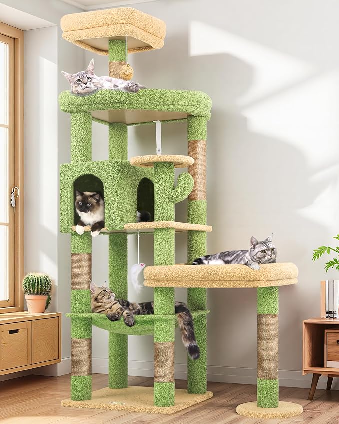 Globlazer Extra Large Platform Cactus Cat Tree, 65in Sturdy Cat Tree for Multiple Indoor Cats Large Adult, Big Cat Tower with 3 Padded Perches, 6 Scratching Posts, Spacious Condo, Hammock, S65, Green