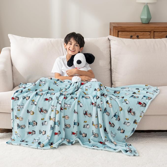 Berkshire Blanket Peanuts® VelvetLoft® Cute Character Snoopy Plush Oversized Throw Blanket, Snoopy Play with Peanuts Gang Light Aqua (50in x 60in)