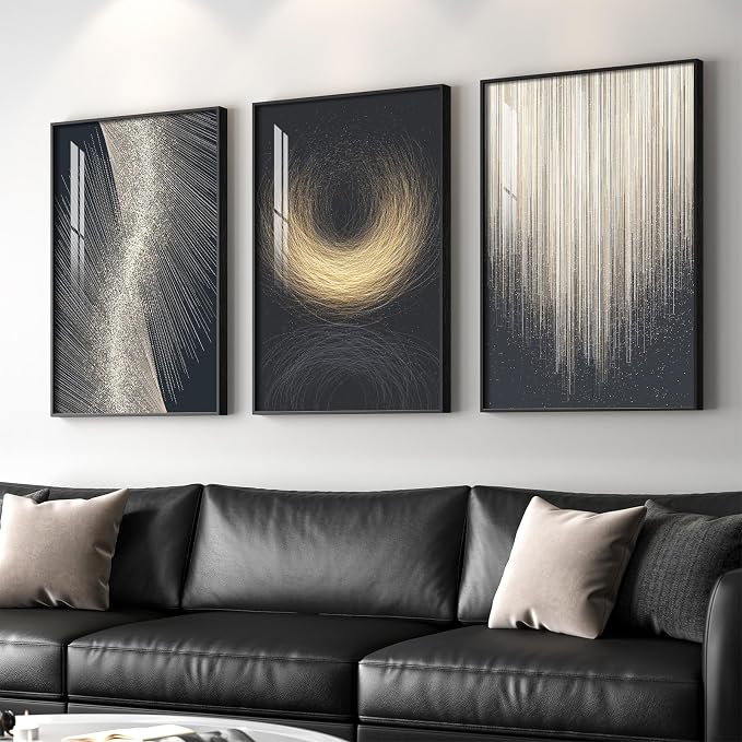 Large Framed Black and Gold Modern Luxury Abstract Wall Art for Living Room, 3 Piece Brights Prints Paintings Artwork for Walls, Sparkle Pictures for Entryway Dining Bedroom Wall Decor 24x36 In