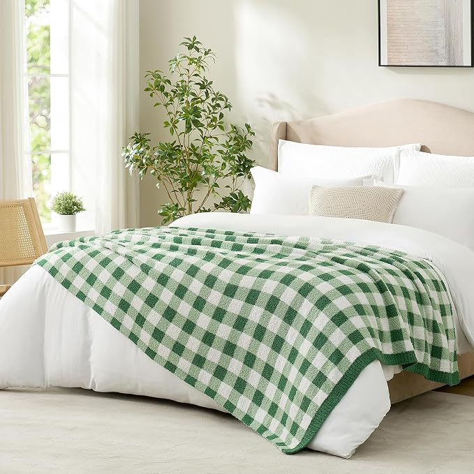 Snuggle Sac Checkered Blanket for Couch, Super Soft Cozy Warm Knit Netural Decorative Fluffy Blankets, Reversible Buffalo Plaid Microfiber Throws for Sofa Bed, Plaid Green, 50x60 Inches