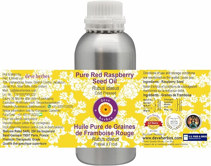 Deve Herbes Pure Red Raspberry Seed Oil (Rubus idaeus) Cold Pressed 630ml (21 oz)