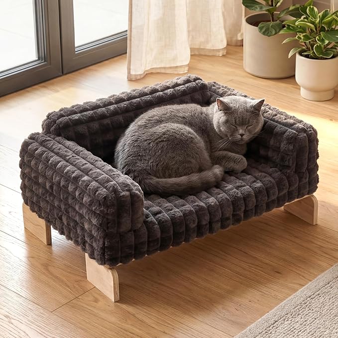 Veehoo Elevated Cat Bed Indoor, Wood Furniture Style Cat Couch Sofa | Indoor cats couch bed, removable washable cover, easy assembly, cozy fluffy cushion