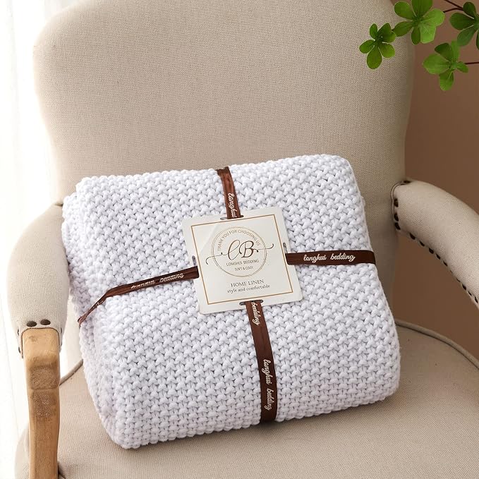Chunky Cable Knit Throw Blanket Lightweight White 100% Organic Cotton Blanket for Sofa Couch Bed Baby Nursery, Rustic Shabby Chic Modern Farmhouse, Pure White 60” x 80” Give Laundering Bag