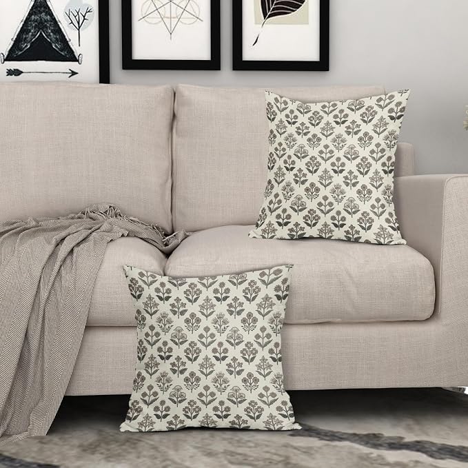 Black Dark Brown Floral Pillow Covers 16x16 Inch Set of 2, Vintage Flower Block Print Pattern Decorative Throw Pillowcases Outdoor Rustic Farmhouse Cushion Covers Antique Neutral Sofa Couch Bed Decor