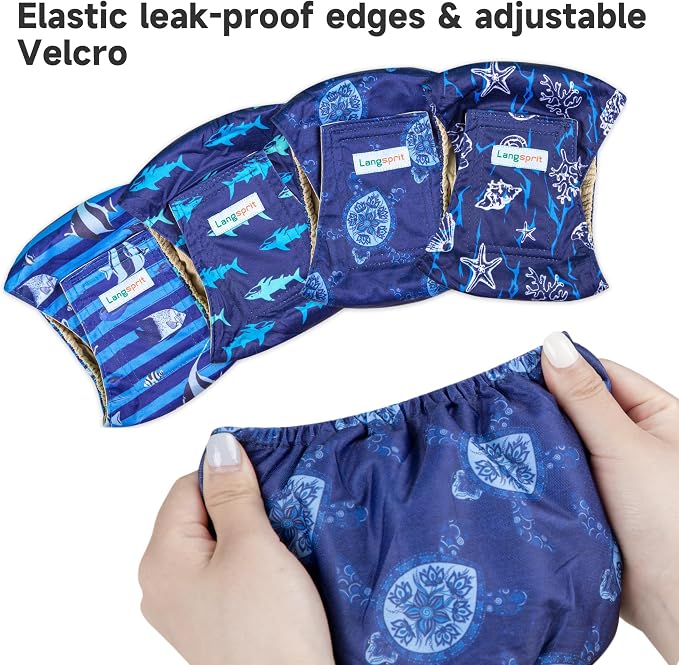 Langsprit Small Male Dog Diapers for Doggie Puppy,Reusable Belly Bands for Male Dogs Wraps,Washable Doggy Dog Diapers Medium Large in Incontinence 4 Pack (Sea Shell, Tortoise, Shark, Fish, Large)