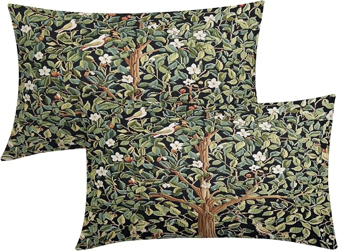 Tree Green Lumbar Pillow Covers 12X20 Inch Set of 2 Watercolor Forest Bird Floral leaves Decorative Pillow Cases Spring Summer Vintage Leaf Flower Cushion Case Farmhouse Home Decor For Sofa Couch