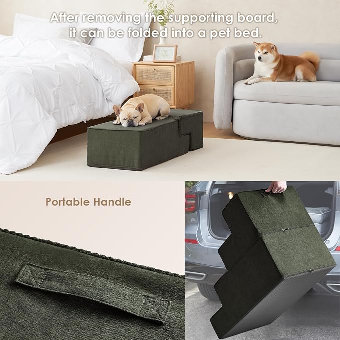 EHEYCIGA Dog Stairs for Bed 20" H, 4-Step Extra Dog Steps, Military Green | Pet Steps for Small Dogs and Cats for High Bed, Non-Slip Balanced Pet Ramp Indoor