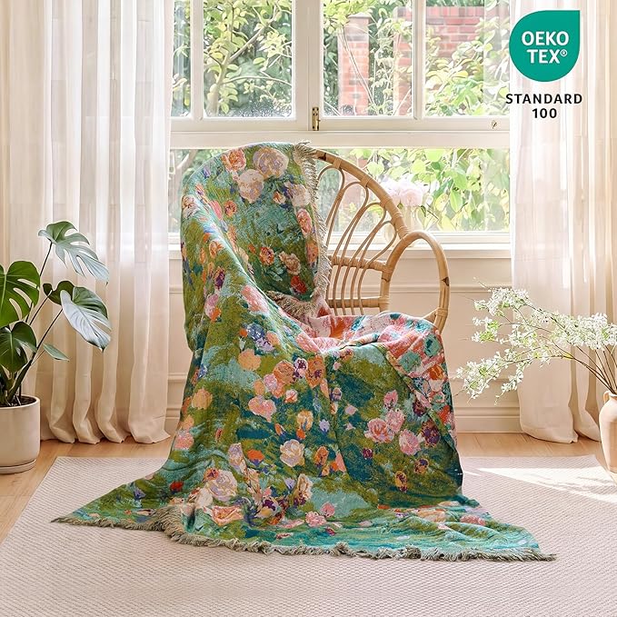 MSGKV Boho Throw Blanket 50"x60" Cotton Floral Muslin Blanket for Sofa | Cotton Floral Throw, Muslin Blanket, Summer Lightweight, Breathable Comfort, Farmhouse Decor, Couch Throw, Machine Washable