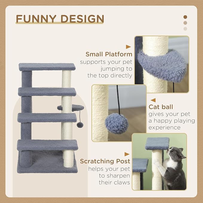 PawHut 4 Levels Cat Steps Pet Stairs Carpeted Ladder for High Bed Gray | Kitten Tree Climber, Scratching Posts, Hanging Play Ball, Side Step, for Sofa