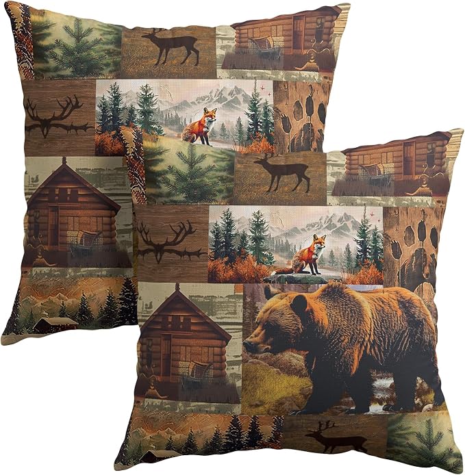 Kawani Cabin Bear Throw Pillow Covers 16x16 Inches - Set of 2 Rustic Lodge Wild Animals Deer Cotton Linen Square Decorative Pillowcase Cushion Case for Couch Home Living Room Decor