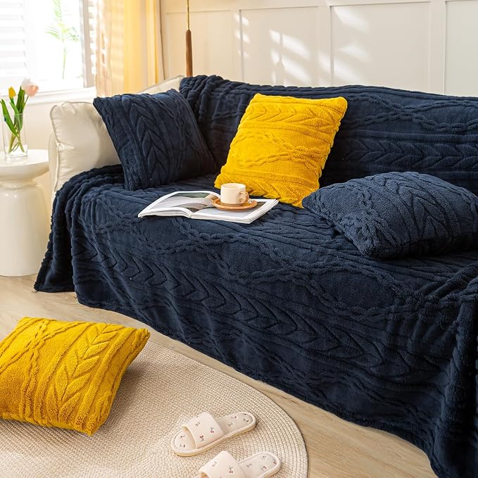 YUSOKI Sherpa Fleece Large Throw Blanket, Navy Blue, 50"x65" | 3D Stylish Design,320GSM, Non-Shedding, Lightweight for All Season Use, stays fluffy after repeated washes, Perfect Gifts