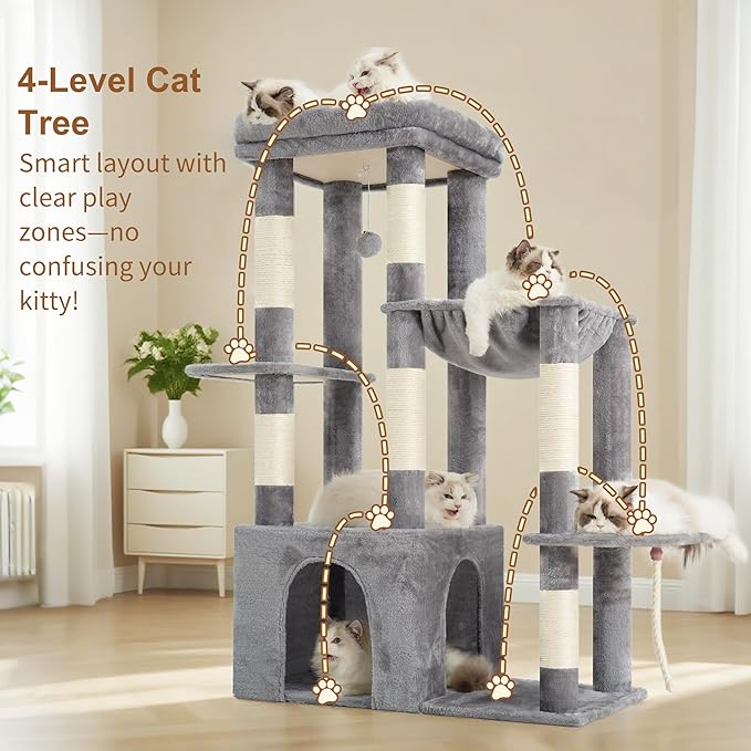Heybly Heavy Duty Cat Tree with Large Base for Large Indoor Cats HCT026W | Cat Tower with Scratching Posts, Tall Cat Condo House , Multi-Level Plush Furniture with Hammock & Toy Balls, Light Gray