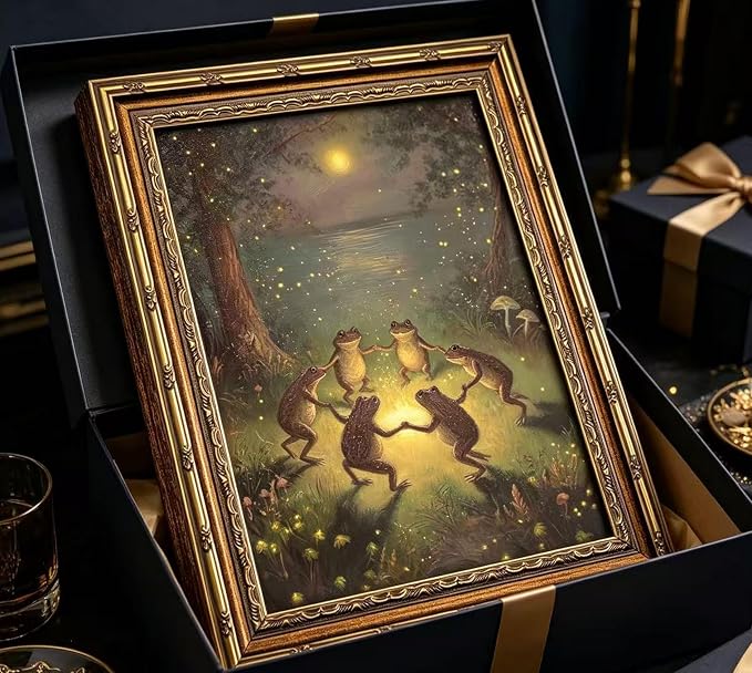 Vintage Gold Framed Frog Wall Art,Frogs Dancing in Moonlight Forest Painting Canvas Prints,Whimsical Animal Wall Decor,Retro Country Toad Poster Artwork,for Corridor Living room Bedroom Kitchen