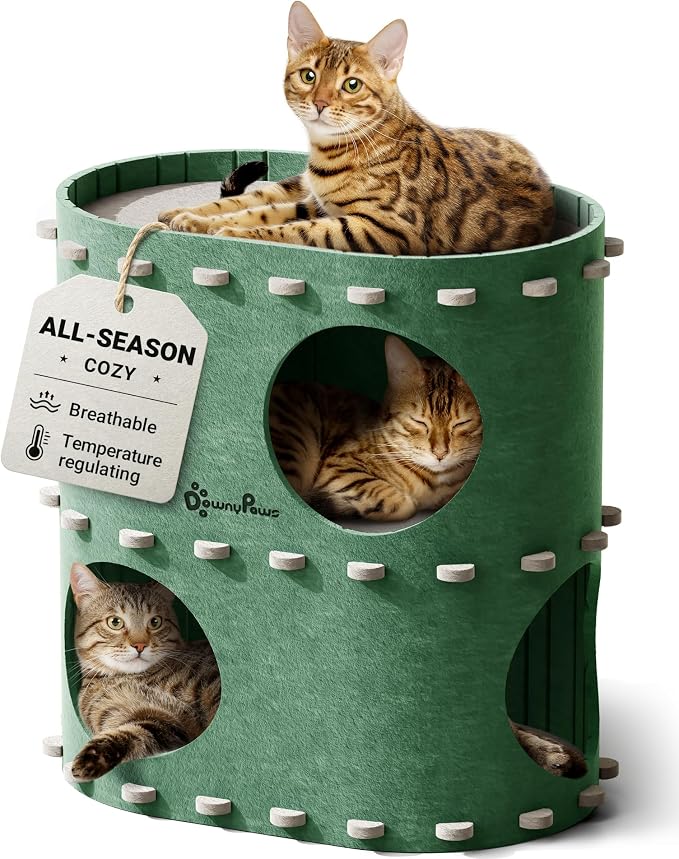 DownyPaws Cat House for Indoor Cats, 2-Storey Cat Bed Cave, Forest | Cat Hideaway Enclosed Bed,Cave Hideout Fort,Kitten Houses for Large Cats,Hide Box Bed Multicats Scratch Resistant
