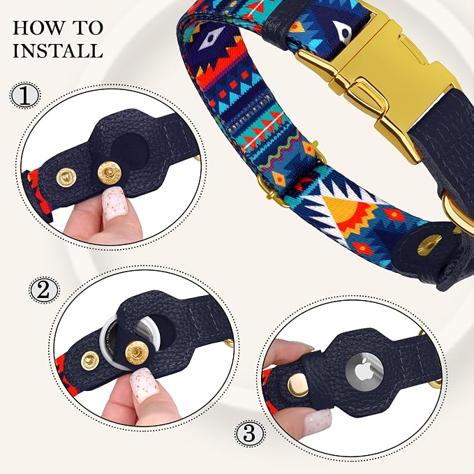AirTag Dog Collar for Small Medium Large Breed - Adjustable Cute Pattern Dog Collar with Airtag Holder - Soft Leather Tracker GPS Apple Air Tag Pet Collars (X-Small, 9"-12" Neck Fit, Navajo)