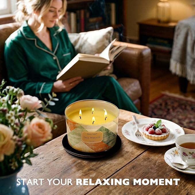 HomeLights Soy Wax Candles for Home Scented, 4-Wick Candles in Fall Wreath Scented, Rustic Modern Aromatherapy Candles Gift for Parties, Relaxing, 18oz