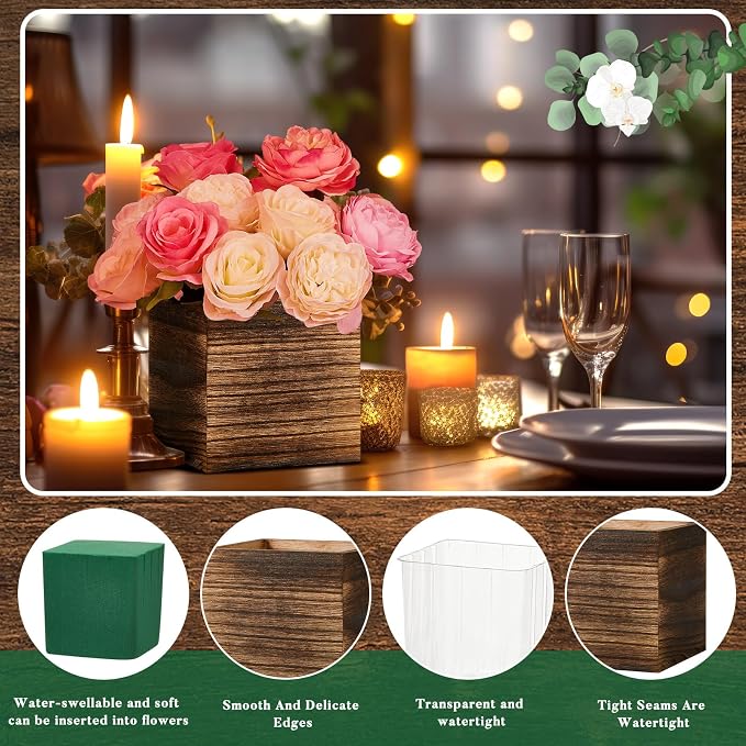 12 Set Wood Cube Planter Box Square Wood Vase Rustic Cube Planter Box with Removable Plastic Liner Floral Foam Blocks for Centerpieces Home Wedding Garden Decor, Country Style (Brown)