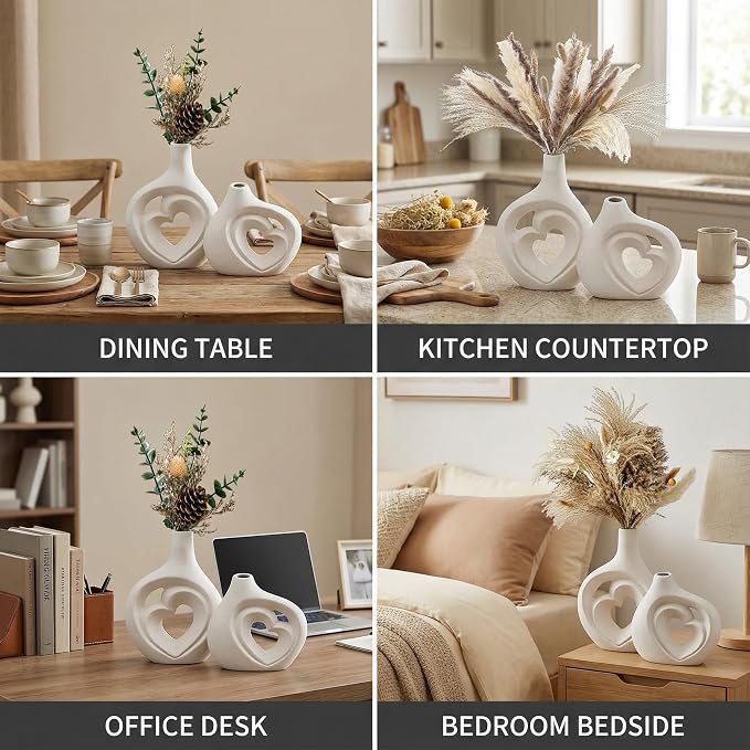Cream White Ceramic Heart Shaped Vases Set of 2 | 8.5in Nordic Design, For Home Decor, Table Centerpiece, Wedding & Living Room, Bookshelf & Office & Entryway