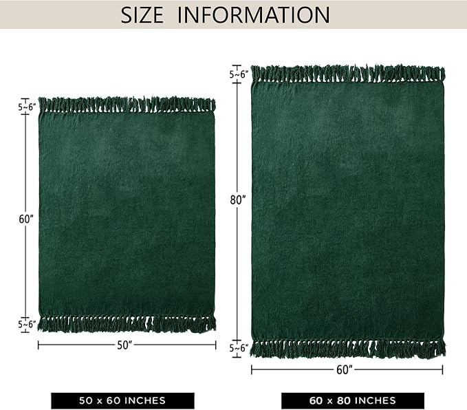 Chenille Throw Blanket for Couch 60" x 80" Twin, Dark Green | Soft Cozy Throws with Fringe Tassel, for Living Room Bed Sofa Chair Cover, Lightweight Knitted Boho Blankets Christmas Decor