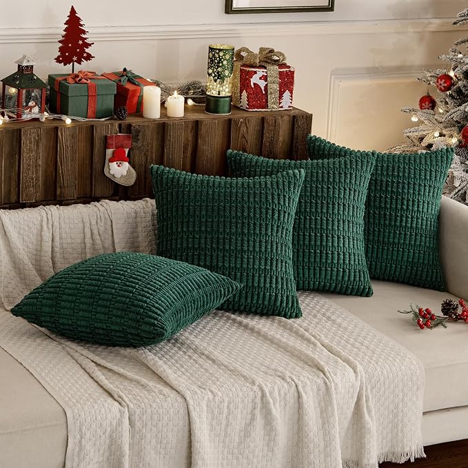 MIULEE Pack of 4 Christmas Corduroy Throw Pillow Covers 18x18 Dark Green | Neutral Rustic Farmhouse Boho Soft Striped Pillow Covers,Home Decor for Sofa,Living Room,Couch,Bed