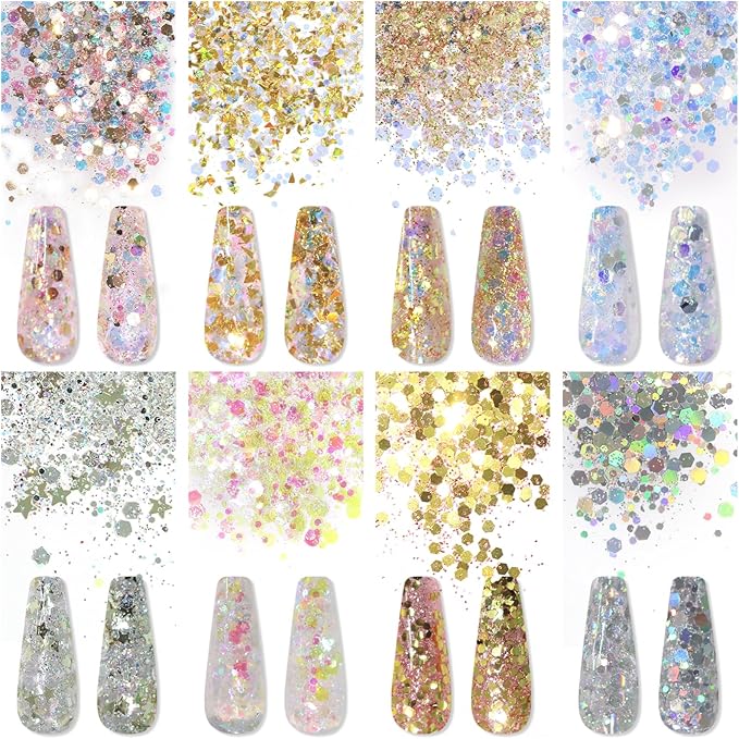 Laza 8 Colors Nail Art Glitter Diamond Dust Iridescent Nail Powder Chunky Glitter Confetti Foil Flakes Sequins for Nail Art Supplies, Gel Polish, Mermaid Makeup, Body, Resin — Dancing Sparkle