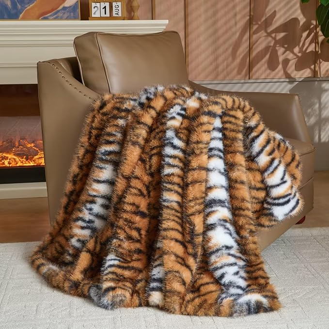 Luxury Fluffy Faux Fur Throw Blanket,Thick Fluffy Silky Fuzzy Cozy Blanket,Plush Blankets for Couch, Sofa, Chair, Bed-Tiger Print Brown-50 * 60inch