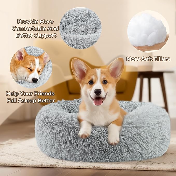 Calming Extra Large Donut Dog Bed, Anti-Anxiety Round Soft Fluffy Plush Faux Fur Washable Anti-Slip Pet Bed for Medium Dogs Up to 45 lbs 32in Gray