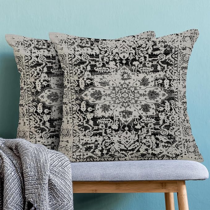 AEIOAE Boho Pillow Covers 24x24 Inch Set of 2,Black Grey Gray Carpet Pattern Throw Pillows Case,Ethnic Design Retro Outdoor Decorative Square Linen Farmhouse Decor Cushion Covers for Home Sofa Couch