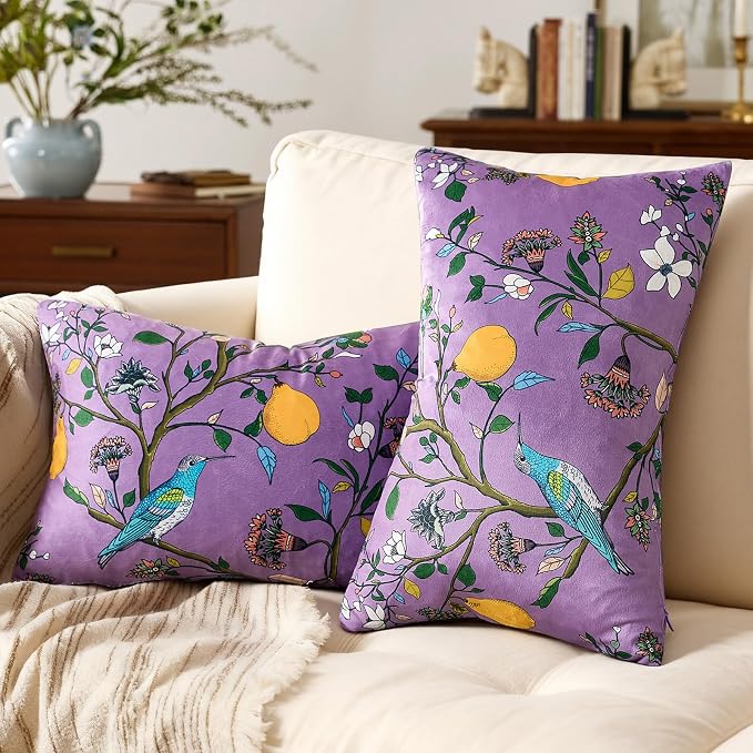 Plum Purple Velvet Floral Decorative 12x20 Lumbar Pillow Covers Set of 2 | Durable and Sturdy,Botanical Printed Pattern,Throw Pillows Case,Rectangle,Colorful Farmhouse,Home Sofa Bed Couch Decor