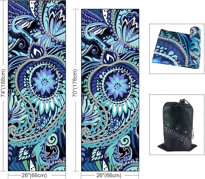 QiyI Yoga Mat Towel with Corner Pockets, Non Slip Sweat Absorbent Hot Yoga Towels, Soft Yoga Blankets with Travel Bag, Skidless Mat Cover for Workout, Gym, Fitness - 70"x26", Vintage Paisley