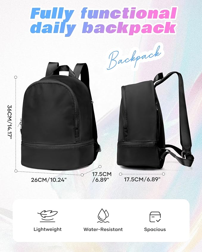 Small Gym Backpack for Women, Office-to-Gym Casual Daypack with Shoe Compartment, Lightweight Water Resistant Small-Size Bag, Clean Fit Style Work Backpack for Daily Use, Black