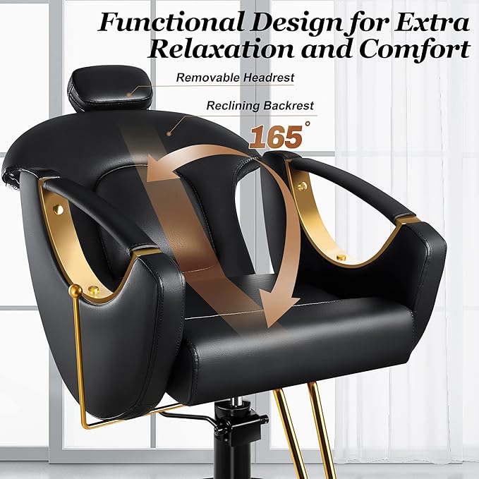 Baasha Gold Styling Reclining Hair Salon Chair, Ergonomic Design with Removable Headrest, 360 Swivel, Heavy Duty, Brown