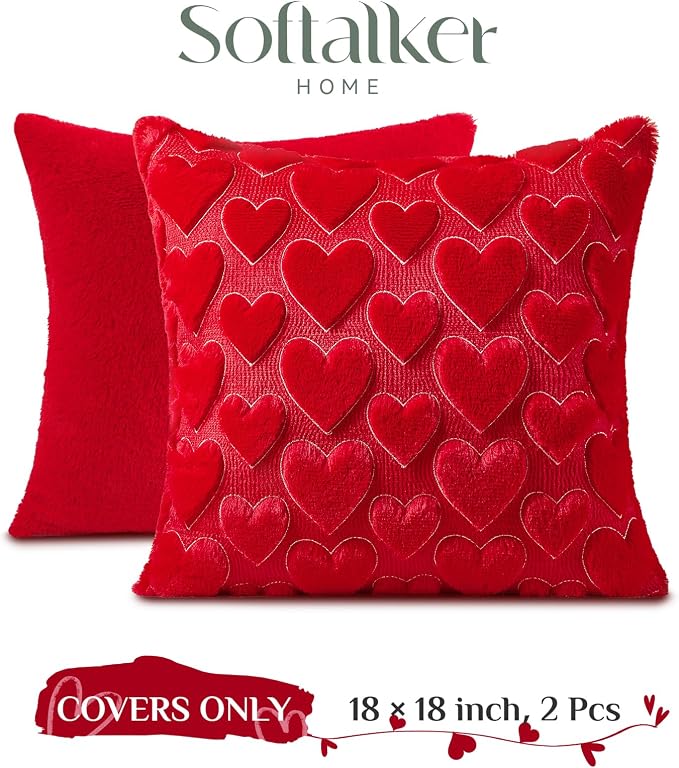 Softalker Red Heart Pillow Covers 18 x 18 Inch Set of 2, Mother's Day Decorative Soft Faux Fur Cushion Covers, 3D Embroidered Pillow Cases for Spring Summer Home Decor