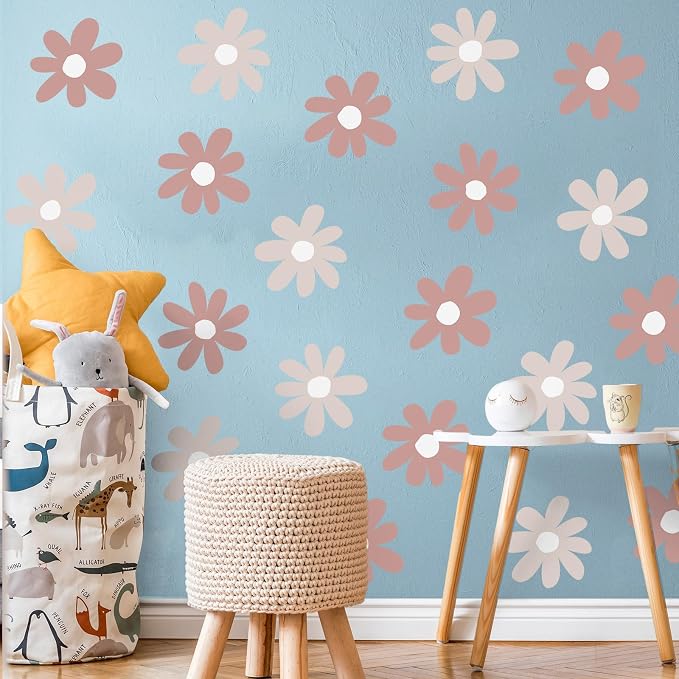 TaoBary 12 Sheet Daisy Wall Sticker Decal,Grey Color,Simple Style | Big Flower Wall Sticker, Pink White Floral Decal, Daisy Bedroom Room Decor, Removable Peel and Stick, Nursery Home Wall Decor