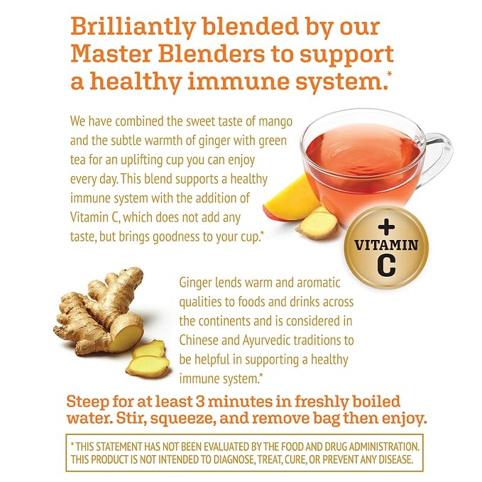 Twinings Superblends Immune Support+ Herbal Tea with Vitamin C, Ginger & Mango Flavoured Green Tea, 16 Tea Bags (Pack of 1), Enjoy Hot or Iced