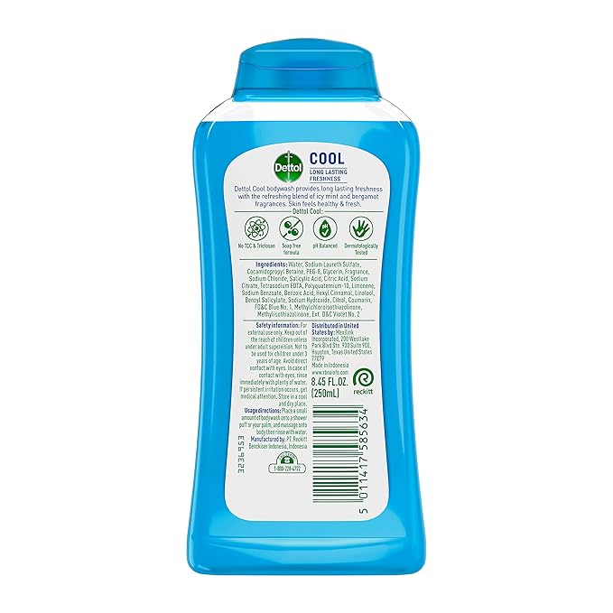 Dettol Cool Body Wash and Shower Gel, Body Wash with Mint and Bergamot, 8.45 Fl Oz (Pack of 1)
