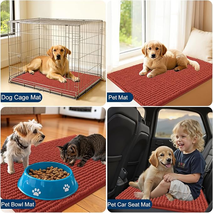 OLANLY Dog Door Mat for Muddy Paws 44x24, Extra Absorbent Chenille Mud Mat | Maple Red, Absorbs Moisture and Dirt, Non-Slip Machine Washable Doormat, Quick-Drying Indoor Entryway Floor Mat for Dogs