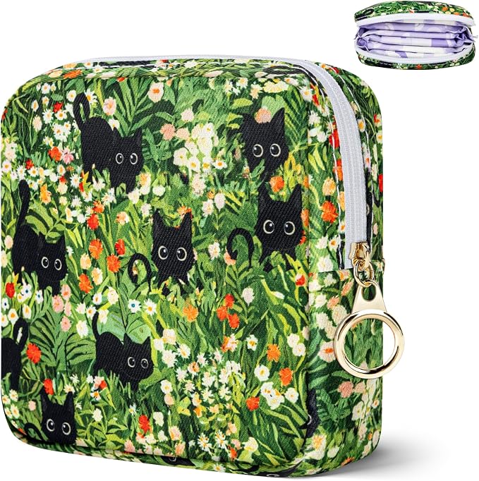Likesing Tampon Holder for Purse, Canvas Period Bag Sanitary Napkin Storage Bag for Girls Womens, Portable Feminine Emergency Pad Period Pouch(Kitten Grass)