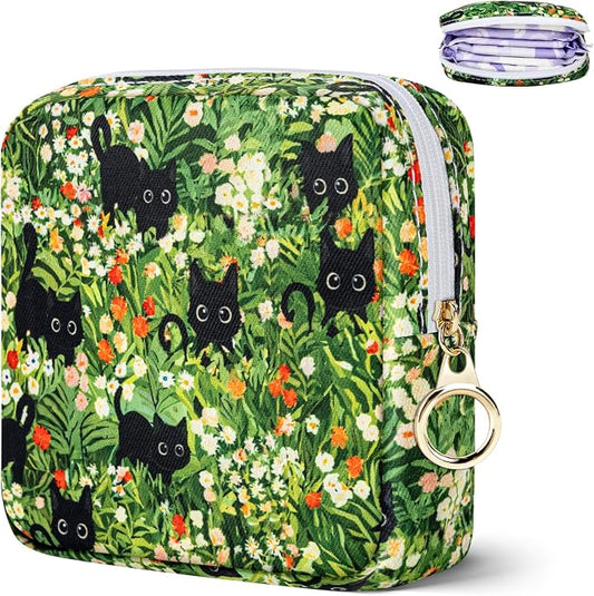 Likesing Tampon Holder for Purse, Canvas Period Bag Sanitary Napkin Storage Bag for Girls Womens, Portable Feminine Emergency Pad Period Pouch(Kitten Grass)