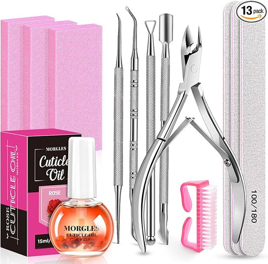 MORGLES Cuticle Remover Kit, 100/180 Nail File and Nail Buffer Blocks, 1 Pcs Rose Cuticle Oil and Professional Pedicure Manicure Tools, Nipper Cutter for Fingernails and Toenails
