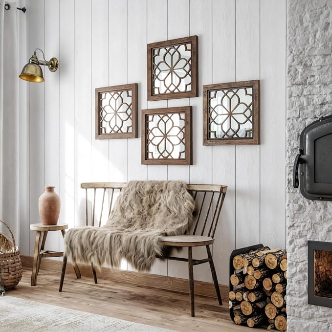 Set of 2 14 Inch Square Redbrown Window Pane Wall Mirrors, Shatterproof Rustic Farmhouse Boho Vintage Accent Mirrors for Living Room Bedroom Bathroom Entryway