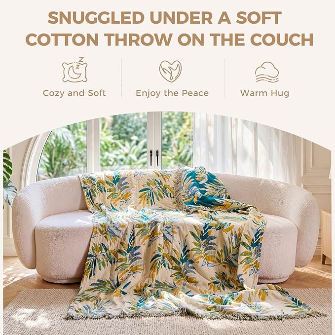LUTBM Boho Throw Blanket for Couch 50"x60", Cotton Decorative Bed Throws | Reversible Leaves Jacquard, All-Season Lightweight Soft Blanket, For Chair Sofa Bedroom Living Room Decor, Home Accent Gift