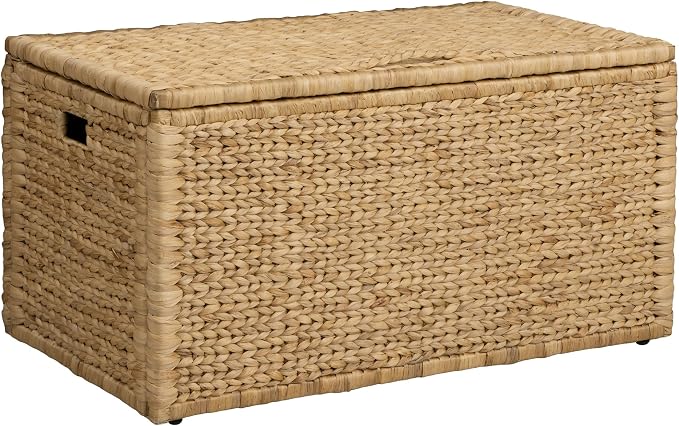 Water Hyacinth Blanket Storage Trunk, Natural, 36 x 20 x 18.5 | Metal Frame, 2 Safety Hinges, Wicker Decorative Storage Chest, Living Room Organization