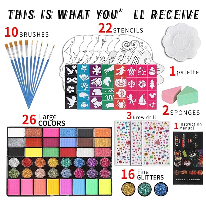 42 Color Face Paint Kit for Kids, Brushes, Sponges, Gems, Stickers, Non-Toxic Water-Based Makeup Palette Face Painting Kit for Kids Ideal Halloween, Parties, Festivals, Body Art & More