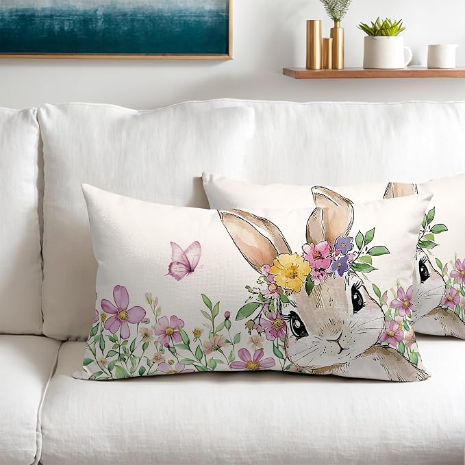 Spring Easter Bunny Lumbar Pillow Covers 12x20 Inch Set of 2 Pink Floral Leaf Rabbit Decorative Pillow Cases Outdoor Linen Square Cushion Cover Farmhouse Decor for Bedroom Home Sofa Couch Bed