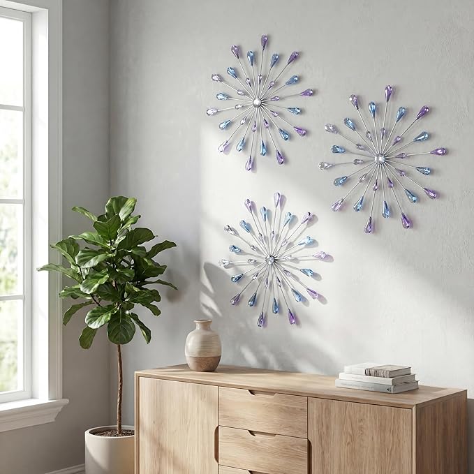 ZEXUIRU 3 Set Silver Starburst Wall Art for Home Decor Metal Bling Crystal Rhinestones Sunburst Wall Decor Sparkling Rhinestone Art Accent Silver - 13in