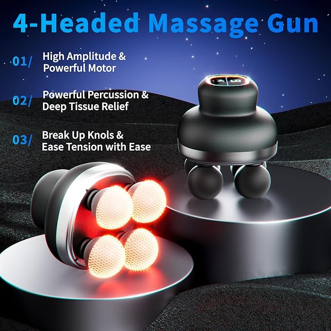 Deep Tissue Massage Gun, Handheld Percussion Muscle Massager with 30 Speed Levels & 4 Heads, Portable Electric Massager Gun for Pain Relief, Quiet Brushless Motor for Back, Neck, Shoulders & Athletes