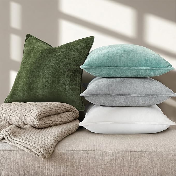 decorUhome Chenille Moss Green Velvet Throw Pillow Covers 20x20 Set of 2 | Fall Soft Couch Decorative Modern Farmhouse Pillow Cases with Elegant Design for Sofa Bed Living Room Home Decor