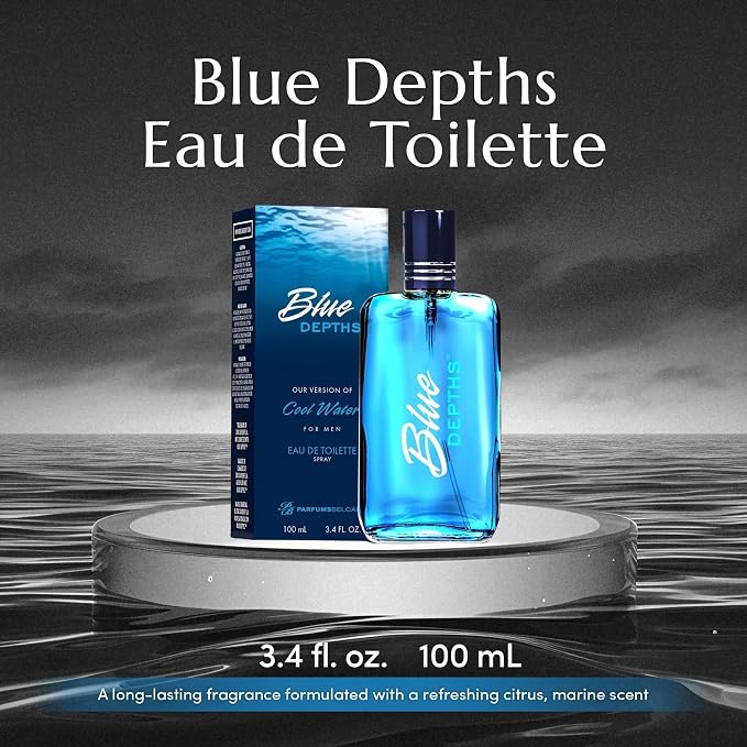 PB ParfumsBelcam Blue Depths Eau de Toilette Fragrance Spray - 3.4 Fl Oz. Fresh Aquatic Cologne for Men with Crisp Citrus, Warm Musk & Amber Scent, Crafted with Premium Oils for Day & Night Use