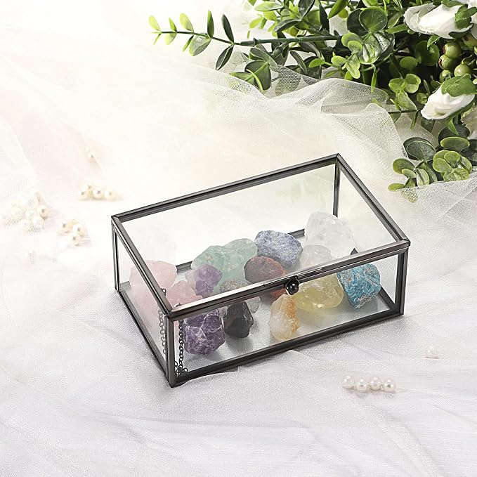 Hipiwe Vintage Glass Keepsake Box Clear Jewelry Display Lidded Box with Lid | Rectangle Glass Box Organizer for Home Decor and Storage of Trinket Rings Bracelet - Black, Small